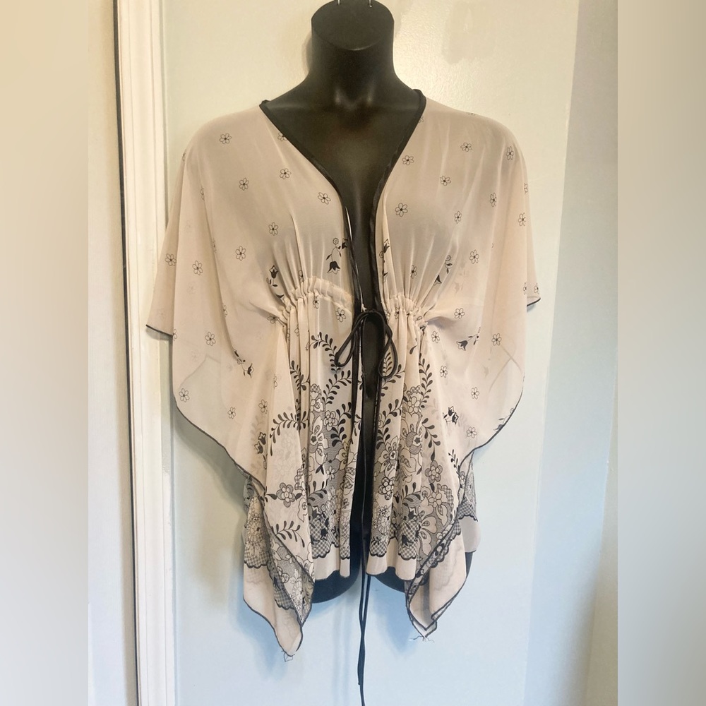 Vintage Beige and Black Sheer Floral Drawstring Tunic